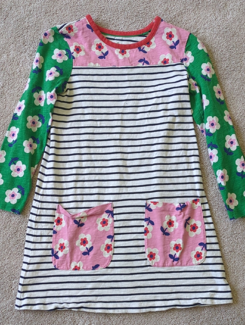 Mini Boden Pink Floral & Green Sleeve Striped Girls' Dress
